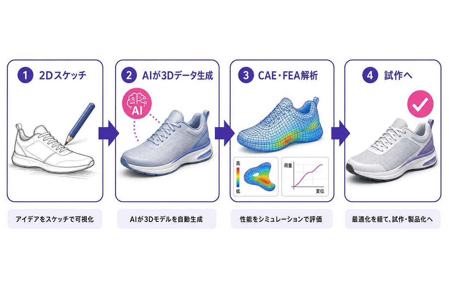 アシックスのAI設計フロー図:2Dスケッチ→AIが3Dデータ生成→CAE・FEA解析→試作へ、と一気通貫でつながる流れ