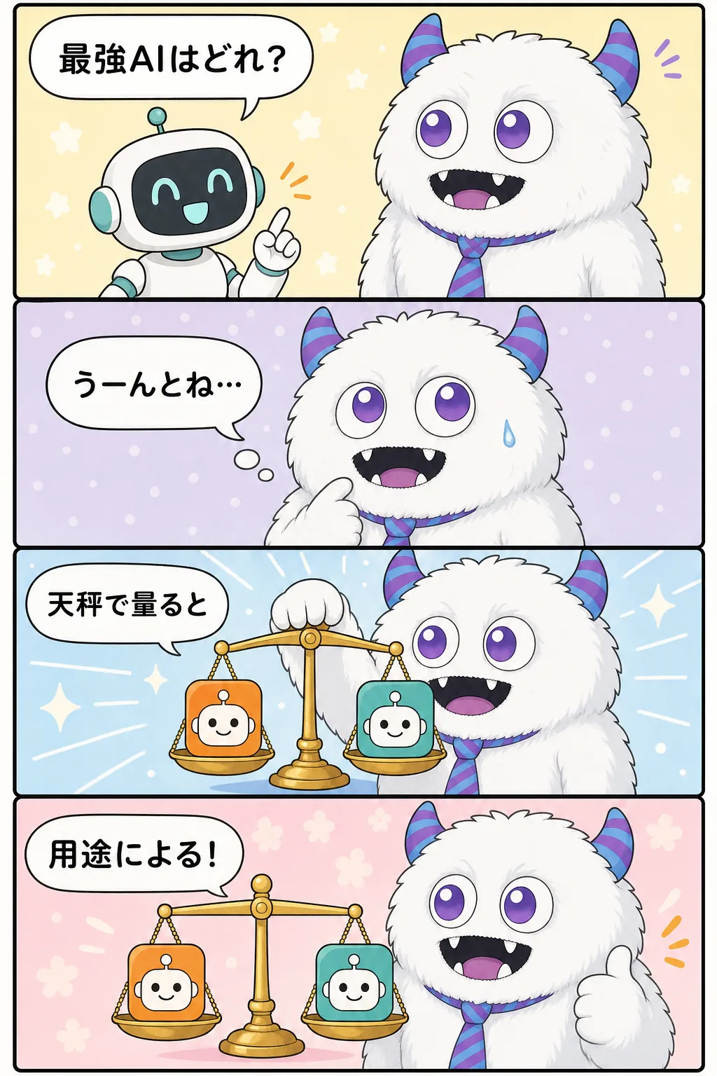 4コマ漫画。1コマ目、小さなロボットがてんびん丸に「最強AIはどれ？」と質問する。2コマ目、てんびん丸が首をかしげて「うーんとね…」と考え込む。3コマ目、てんびん丸が天秤を取り出し「天秤で量ると」と2つのAIを量りにかける。4コマ目、天秤がぴったり釣り合い、てんびん丸が笑顔で「用途による！」とオチをつける。