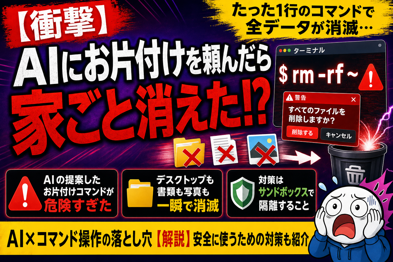 AIに“お片付け”を頼んだら家ごと消えた!? エージェントが「rm -rf ~」を実行しちゃう構造問題を、てんびん丸が解説するよ