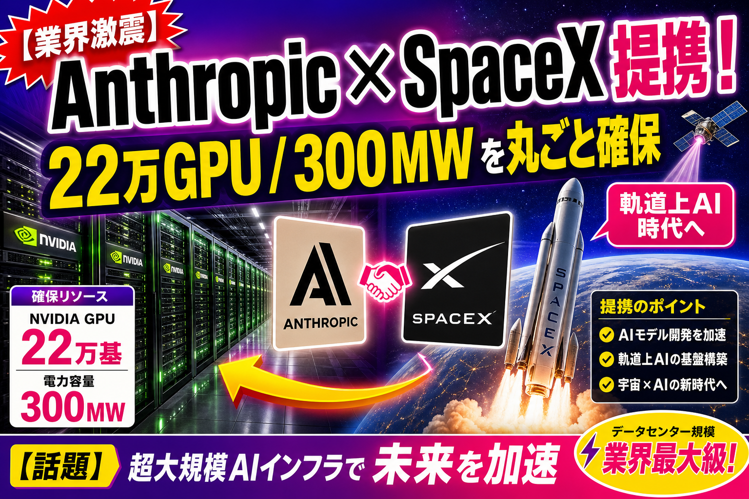 Anthropic が SpaceX と提携！22万 GPU・300MW の『Colossus 1』を丸ごと借りて Claude Code のレートリミットも倍増、夢の『軌道上 AI コンピュート』まで言及だよ