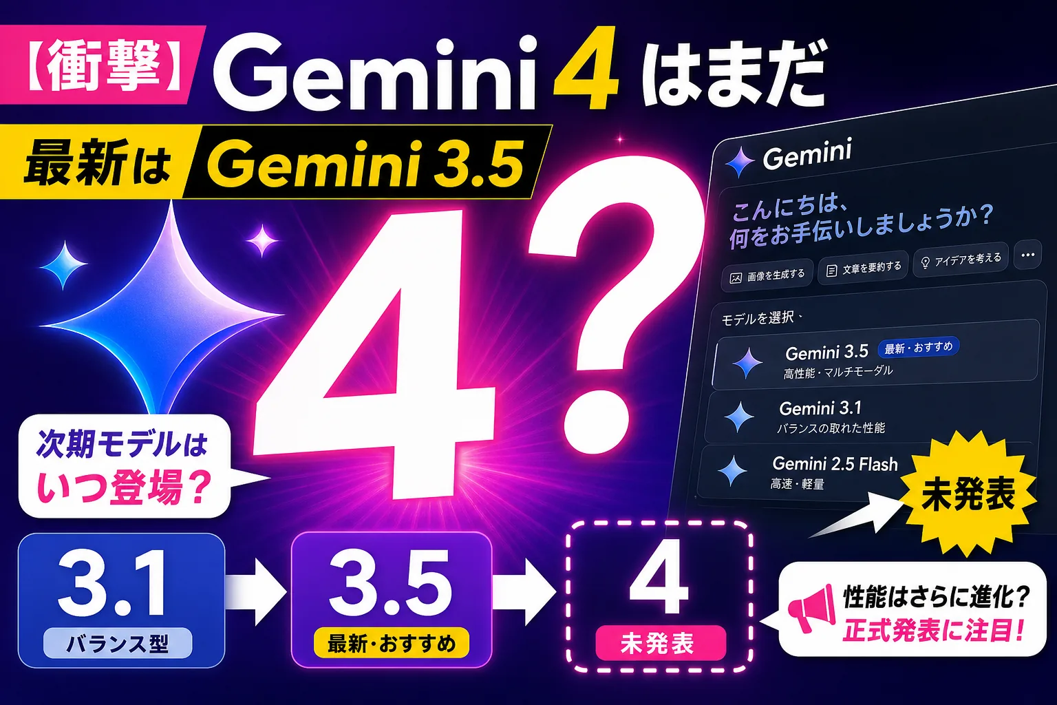 「Gemini 4」はまだ出てないよ【2026年7月時点】最新は Gemini 3.5（Flash / Pro）