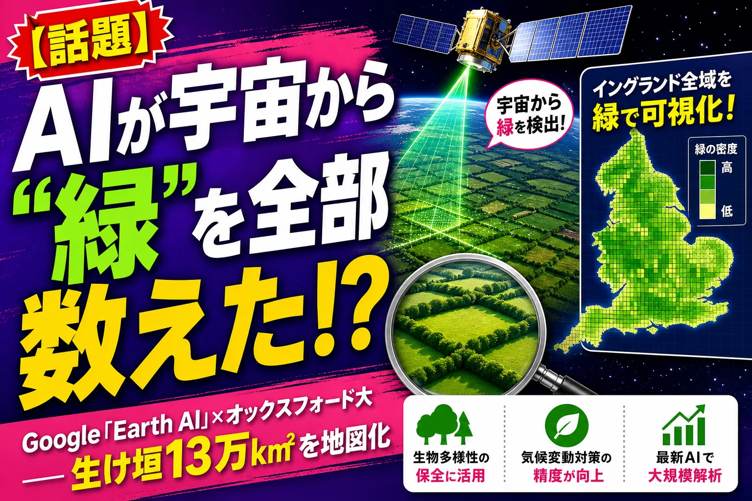 AIが宇宙からイギリスの“生け垣”を全部数えた!?Googleの「Earth AI」が自然を守る話を——てんびん丸が整理するんだ