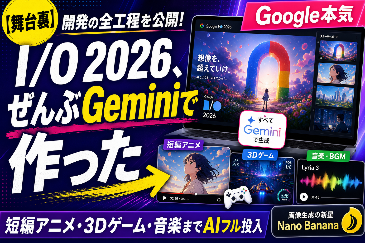 Googleが自社イベント『I/O 2026』を Gemini で丸ごと作ったよ！短編アニメから3Dリアルタイム生成ゲーム、Lyria 3 ジェネ音楽までAIフル投入の舞台裏