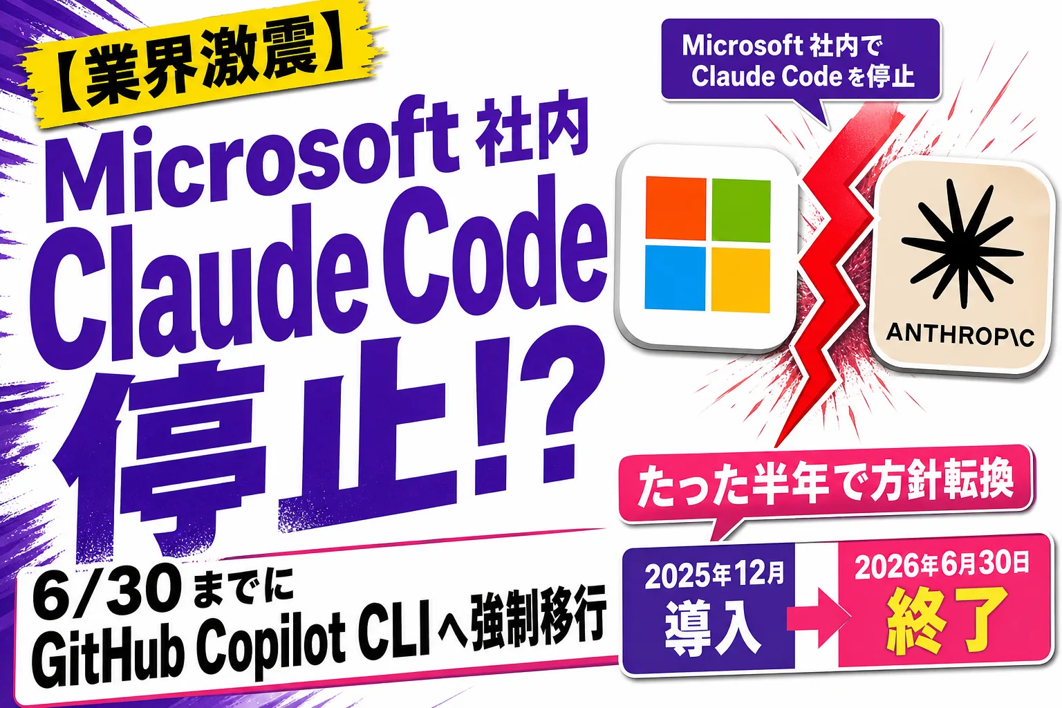Microsoftが社内Claude Codeライセンスを停止、Copilot CLIへ移行【2026】