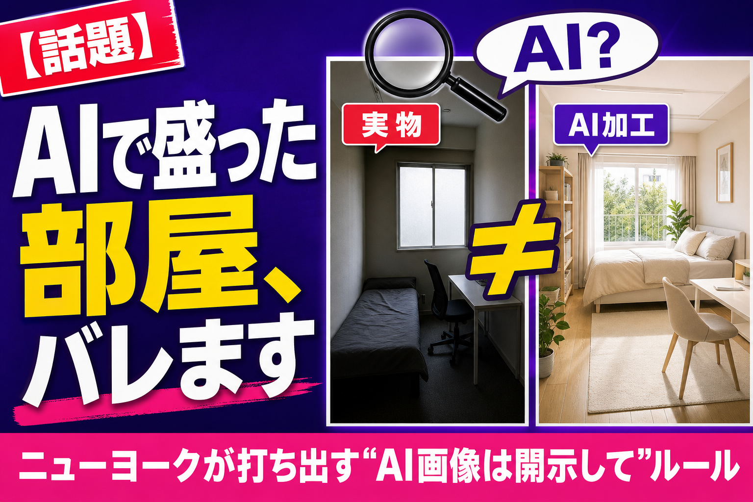 AIで“盛った”部屋の写真、勝手に使っちゃダメ！ニューヨークが打ち出した『AI画像は開示してね』ルールを、てんびん丸が整理するよ