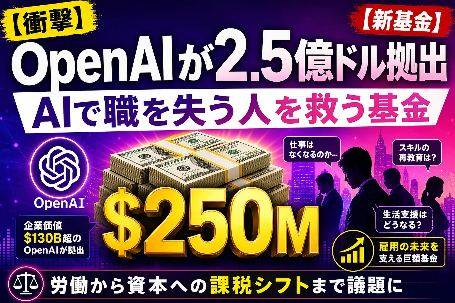 OpenAI FoundationがAI失業対策に2.5億ドル拠出、経済影響ファンドを解説【2026】