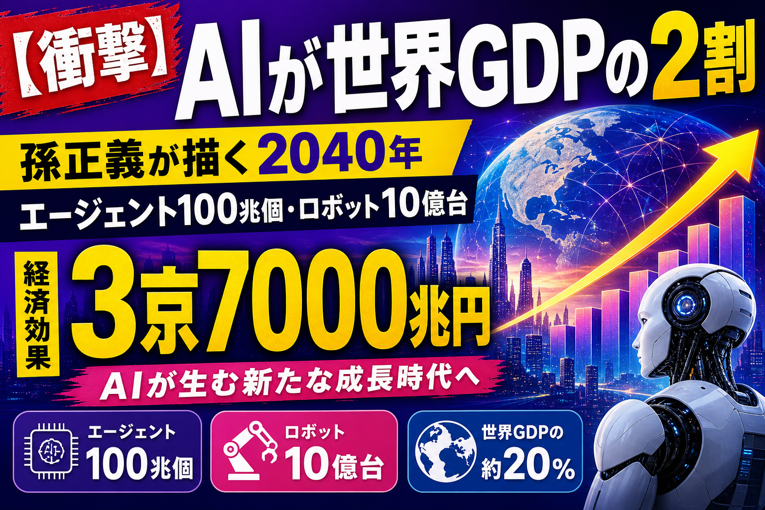 孫正義さんが描く2040年がスケールでかすぎ!? AIが世界GDPの2割、エージェント100兆個の未来を、てんびん丸が整理するよ